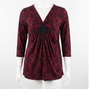 ELLEN TRACY XL Extra Large Burgundy Black Geometric 3/4 Blouse Whimsygoth Luxe